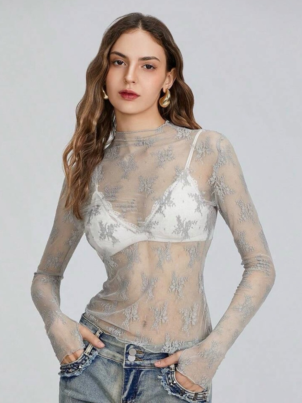 Sheer Lace Long-Sleeve Top in Light Gray size Medium